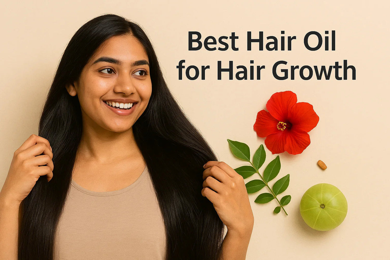 Smiling woman with long black hair touching hair next to text Best Hair Oil for Hair Growth and natural ingredients