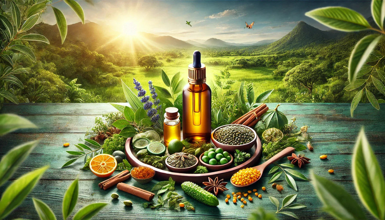 Amber dropper bottle, essential oils, herbs, spices, and fresh natural ingredients on wooden table with sunrise over green mountains