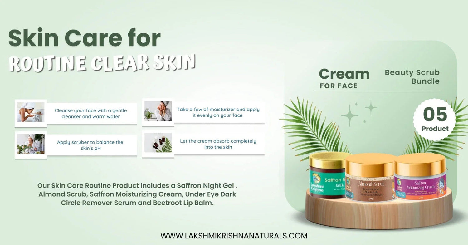 Beauty scrub bundle cream for face with saffron night gel, almond scrub, and moisturizing cream on wooden stand