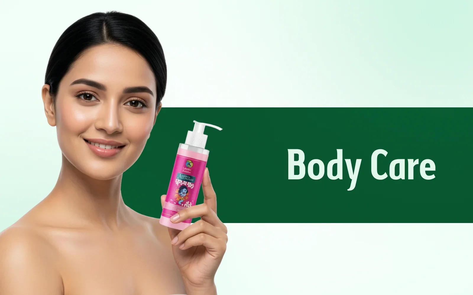 Smiling woman holding pink body care lotion bottle with pump on light background and green banner