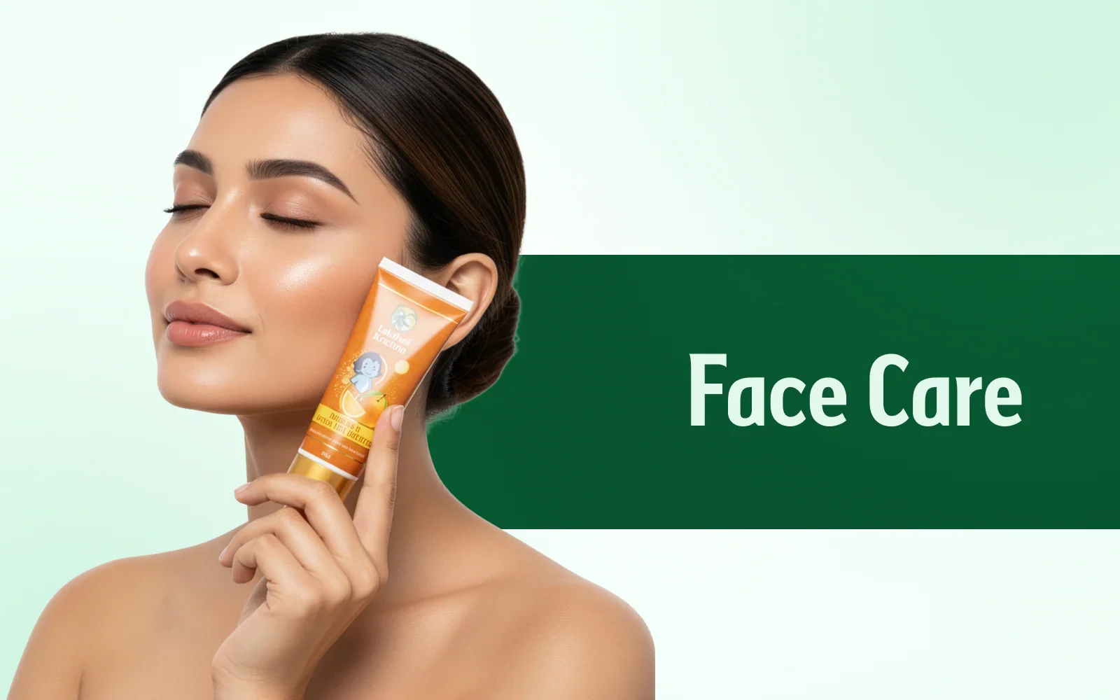 Woman with glowing skin holding orange face care cream tube by Lakshmi Katrina