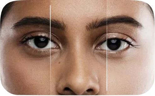Close-up of woman's face with eyes open, divided into three vertical sections showcasing natural skin tones and smooth complexion