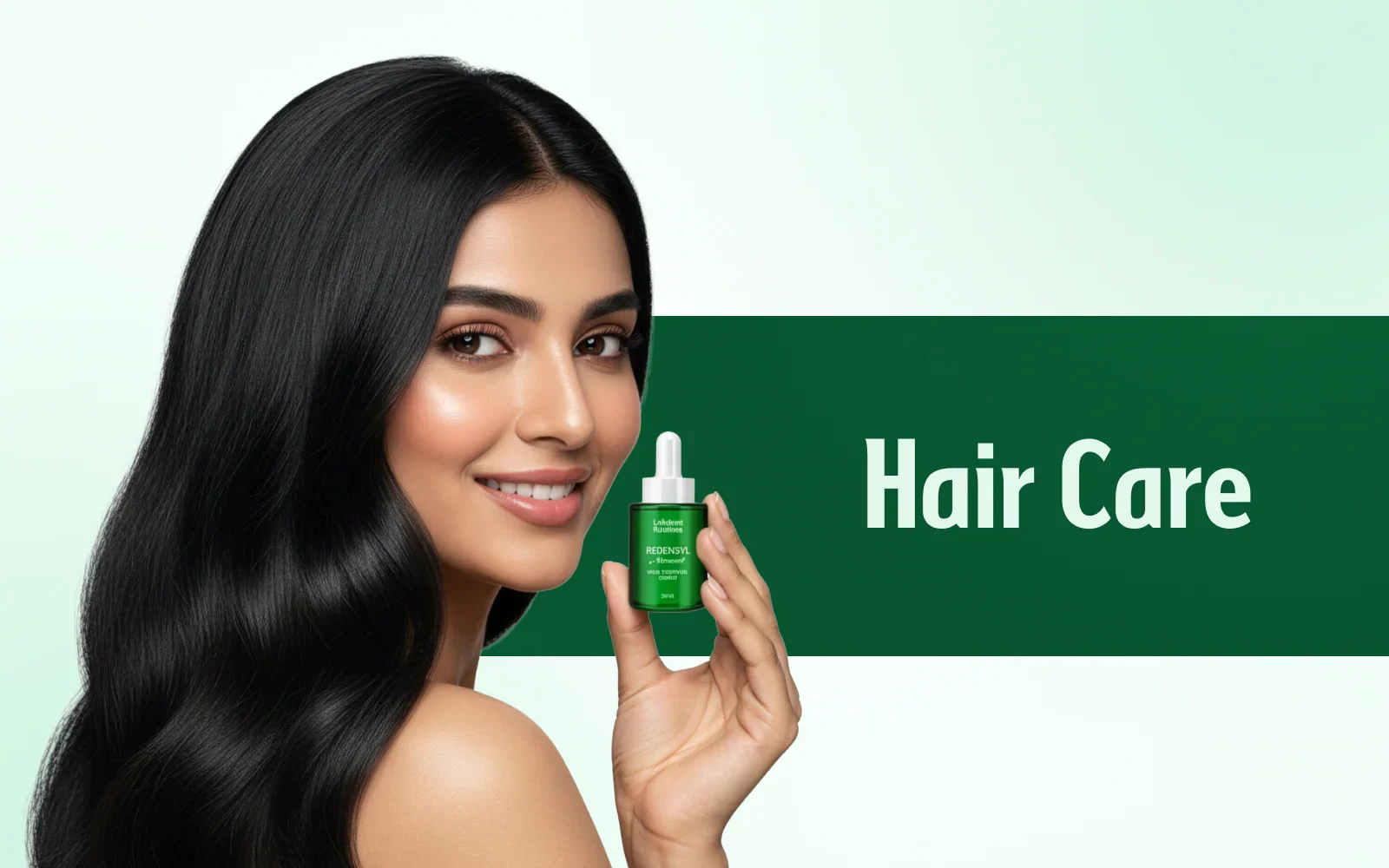 Smiling woman with long black hair holding green hair care serum bottle against green background