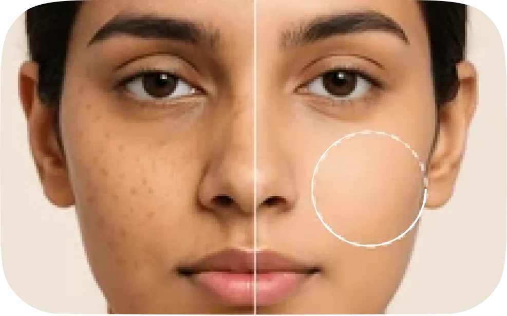 Close-up of woman's face showing pigmentation and dark spots on left side and clear skin on right side