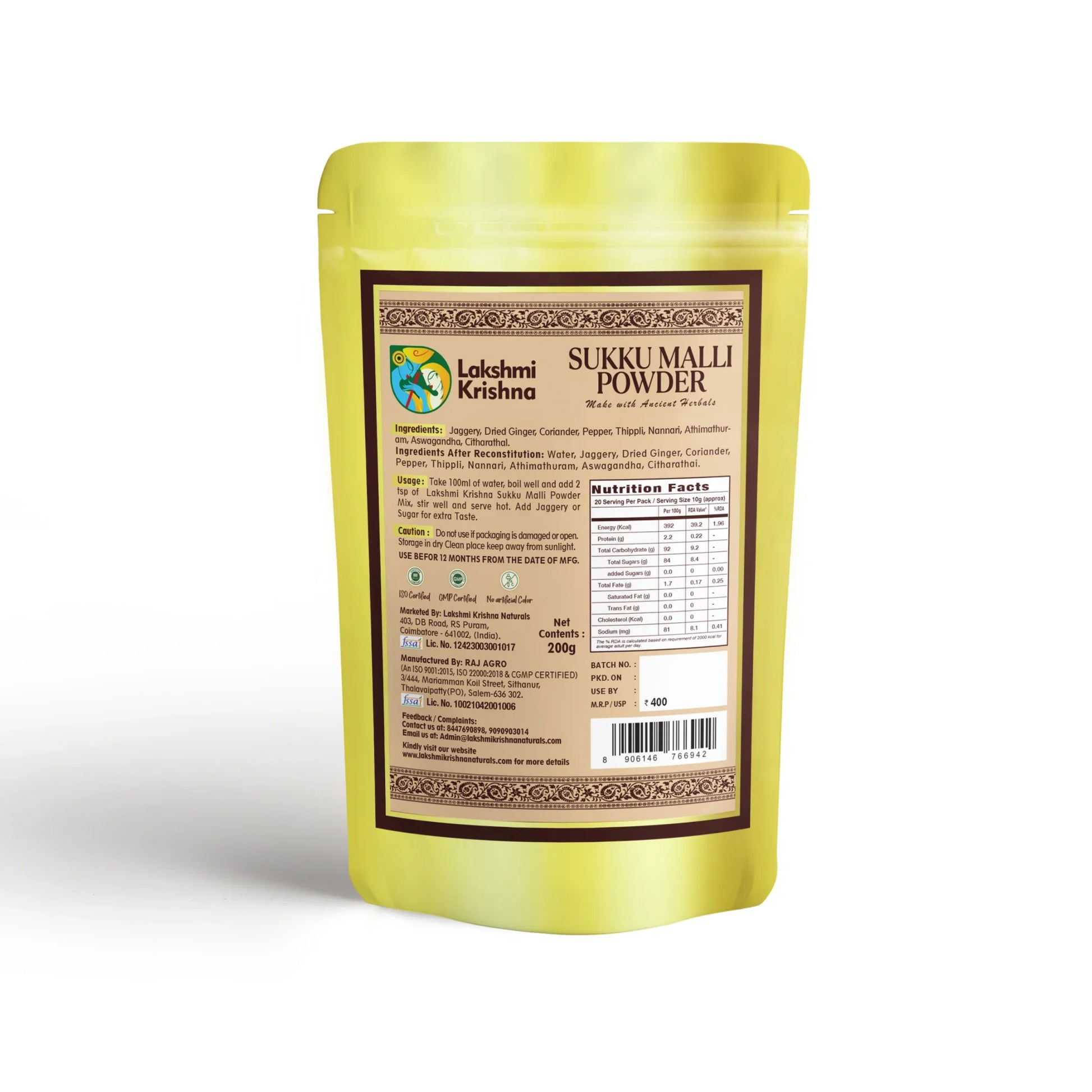 Yellow pouch of Lakshmi Krishna Sukku Malli Powder with ingredients and nutrition facts label