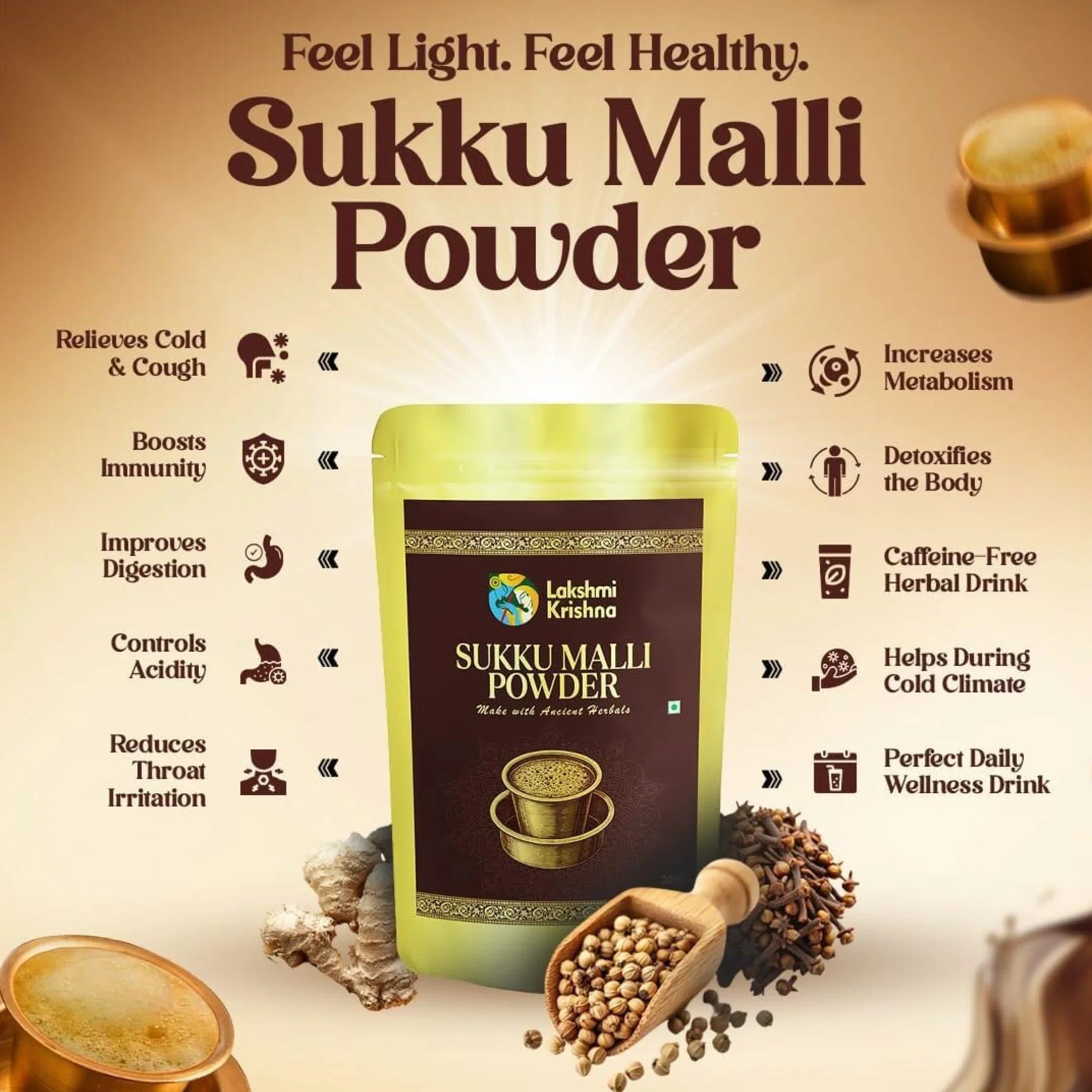 Sukku Malli Powder by Lakshmi Krishna with ginger, coriander seeds, and cloves, highlighting health benefits