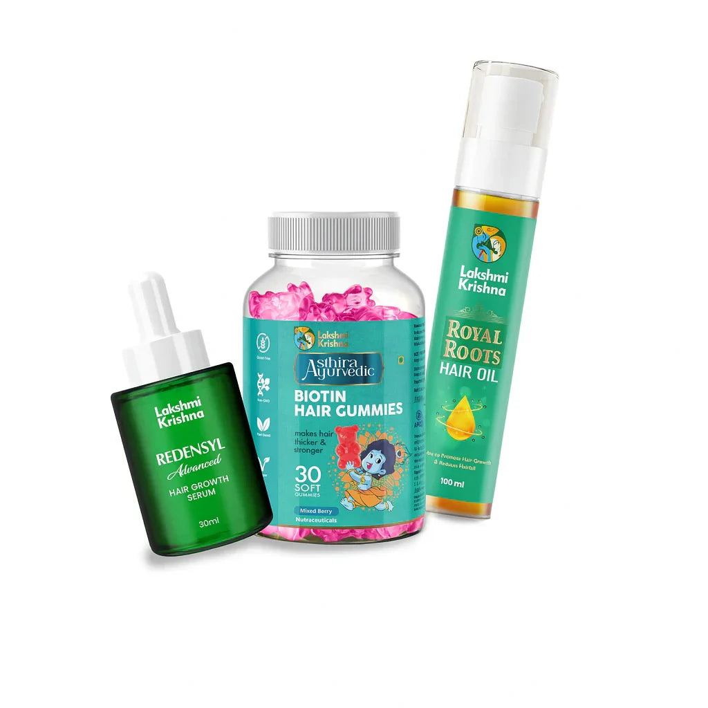 Lakshmi Krishna Redensyl hair growth serum, Asthira Ayurvedic biotin hair gummies, and Royal Roots hair oil on white background
