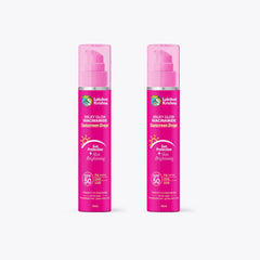 Two pink bottles of Lakshmi Krishna Milky Glow Niacinamide Sunscreen Drops with SPF 50 and skin brightening