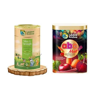 Lakshmi Krishna Slim & Strength herbal powder and ABC Malt weight loss powder with fruit images on packaging