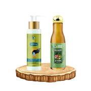 Lakshmi Krishna Ayurvedic anti-dandruff shampoo and rosemary infused 32 herbs hair oil on wooden platform