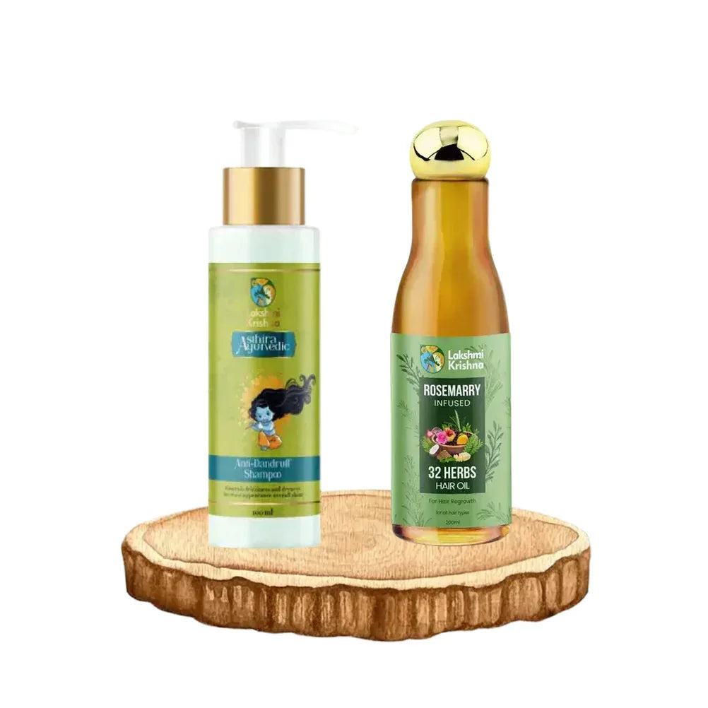 Lakshmi Krishna Ayurvedic anti-dandruff shampoo and rosemary infused 32 herbs hair oil on wooden platform