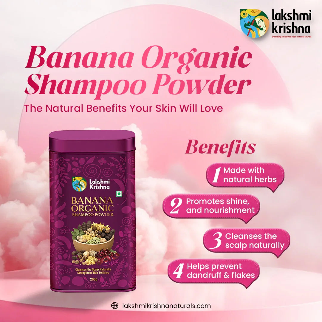 Banana Organic Shampoo Powder by Lakshmi Krishna with natural herb benefits for skin and scalp