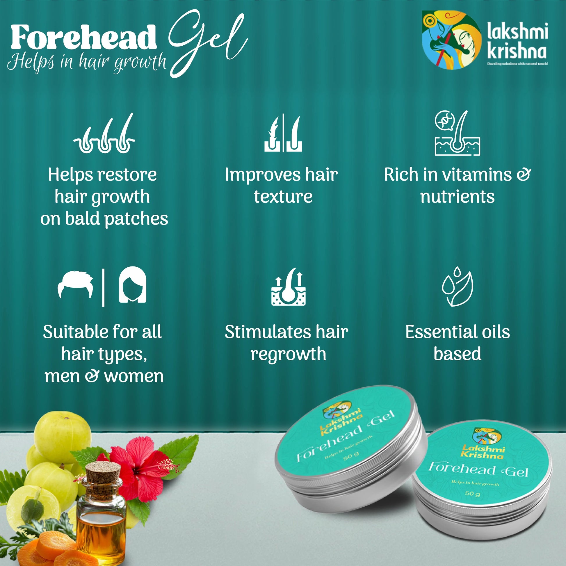 Lakshmi Krishna Forehead Gel benefits for hair growth, texture, vitamins, suitable for men and women