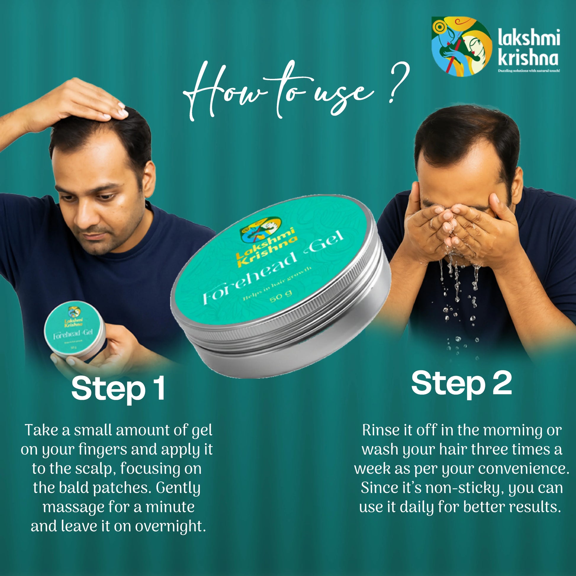 Lakshmi Krishna Forehead Gel instructions showing a man applying gel on scalp and rinsing face with water