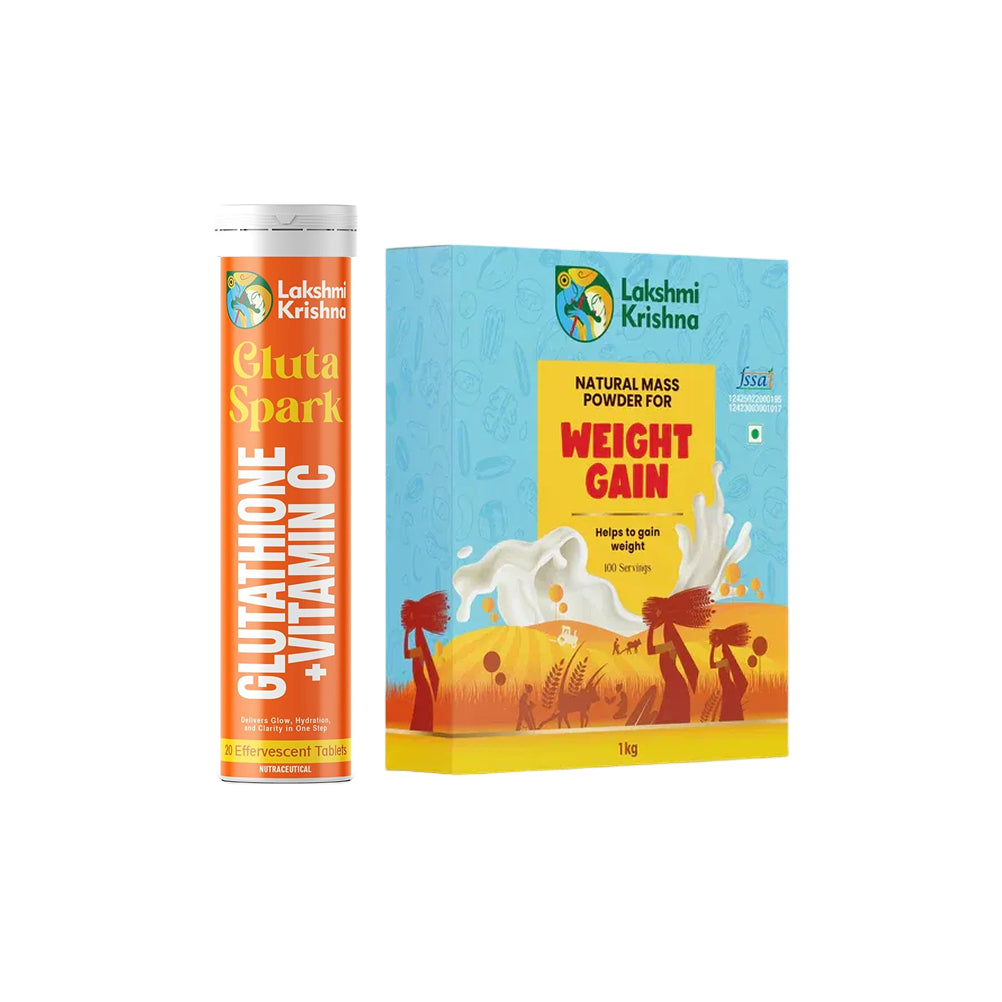 Gluta Spark Glutathione + Vitamin C Effervescent Tablets (20 Tabs) + Natural Mass Powder (Supports Weight Gain) 1kg