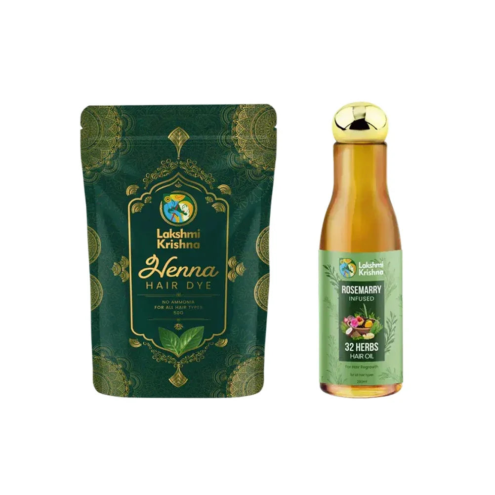 Lakshmi Krishna Henna hair dye pouch and rosemary infused 32 herbs hair oil bottle on white