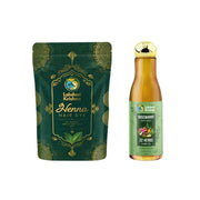 Lakshmi Krishna Henna hair dye pouch and rosemary infused 32 herbs hair oil bottle on white