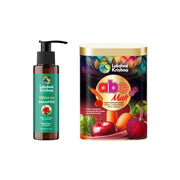 Lakshmi Krishna Hibiscus Shampoo bottle and ABC Malt nutrition powder with apple, beetroot, carrot on white background