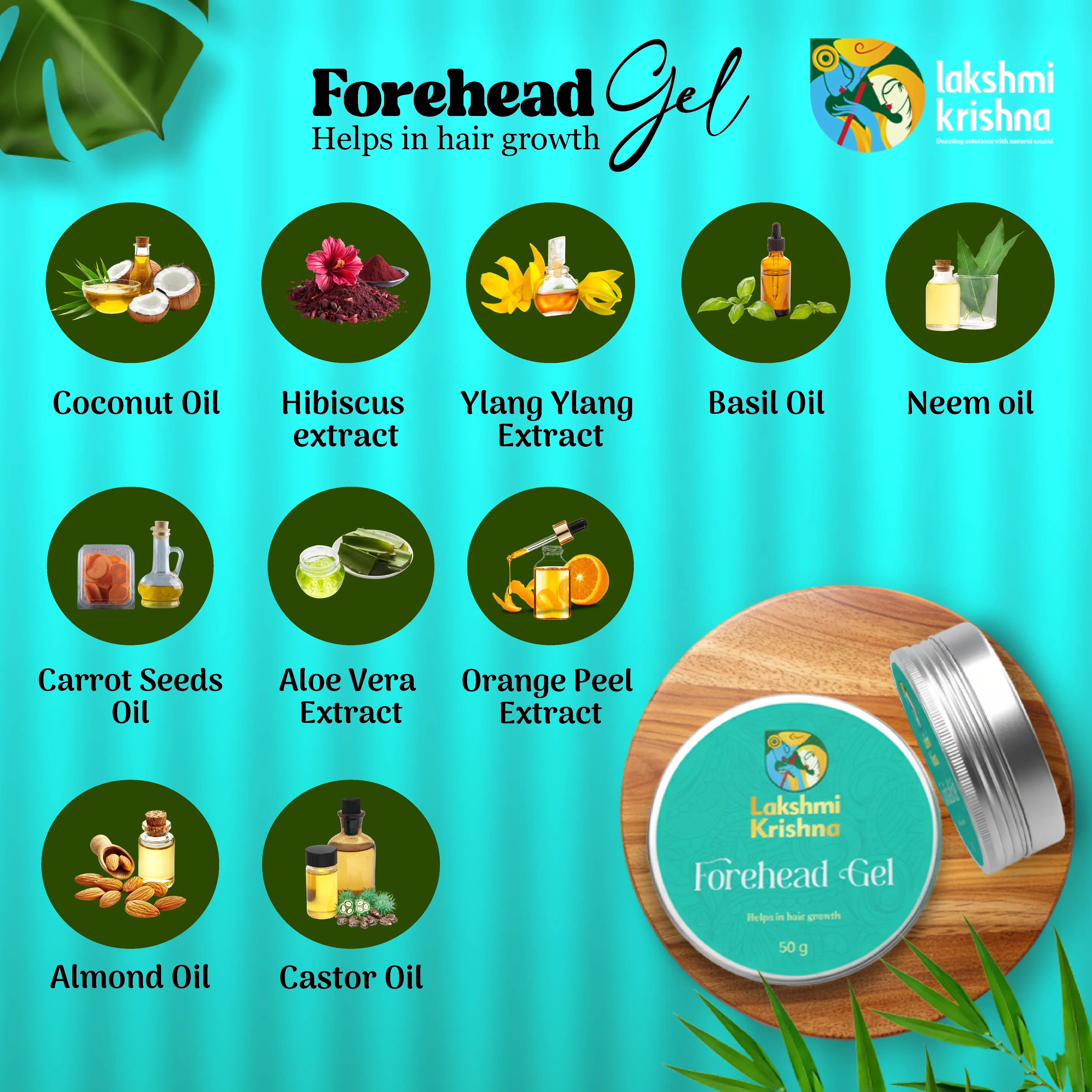 Lakshmi Krishna Forehead Gel with natural oils and extracts for hair growth on wooden surface
