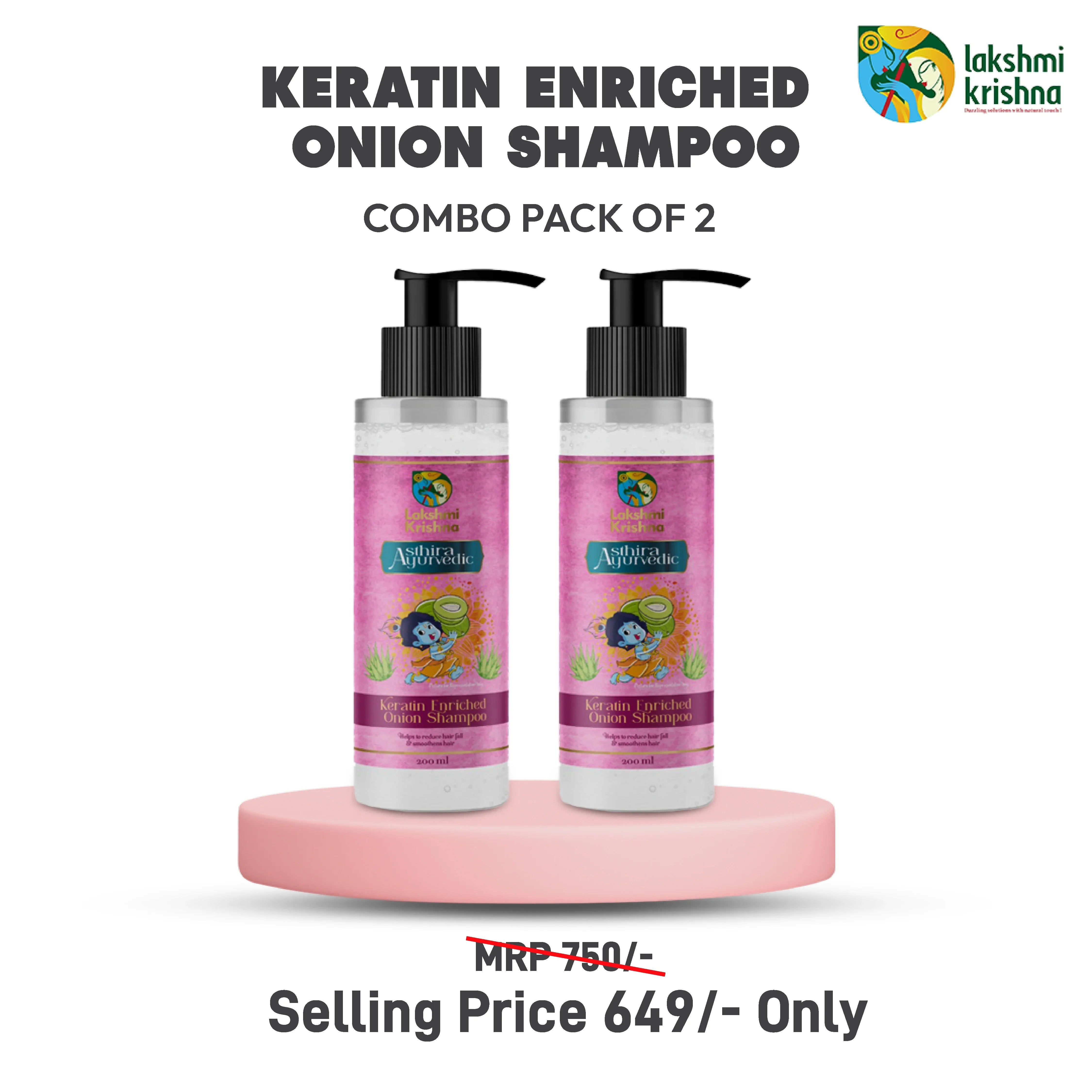 Keratin enriched onion shampoo combo pack of 2 bottles with pump on pink pedestal