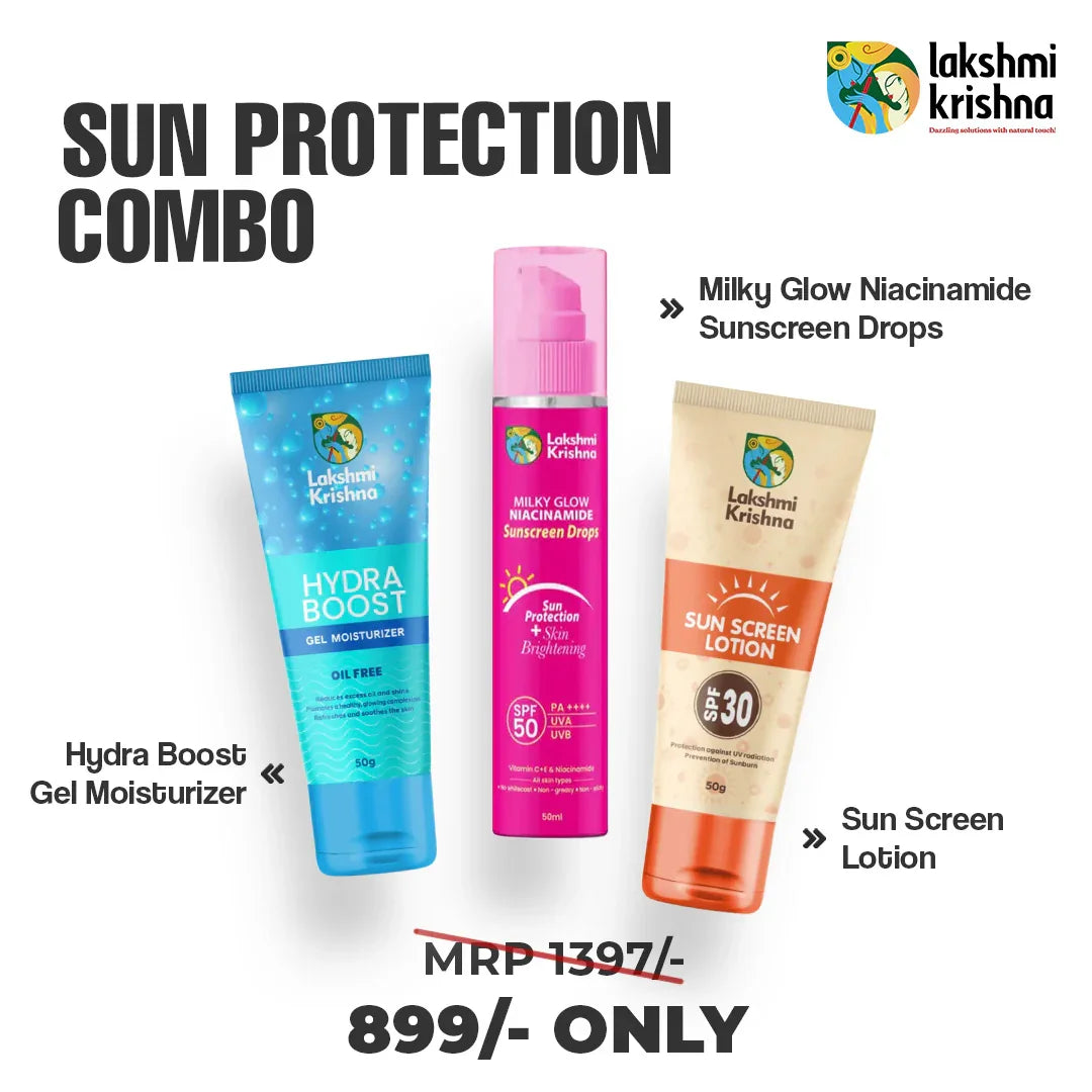Lakshmi Krishna Sun Protection Combo with Hydra Boost gel moisturizer, Niacinamide sunscreen drops SPF 50, and SPF 30 sunscreen lotion