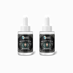 Two Lakshmi Krishna Beard N Sol Redensyl beard growth serum bottles with dropper caps on white background