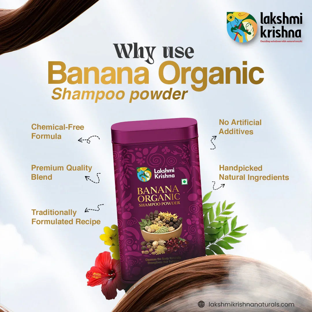 Lakshmi Krishna Banana Organic Shampoo Powder with natural ingredients, chemical-free, and premium blend