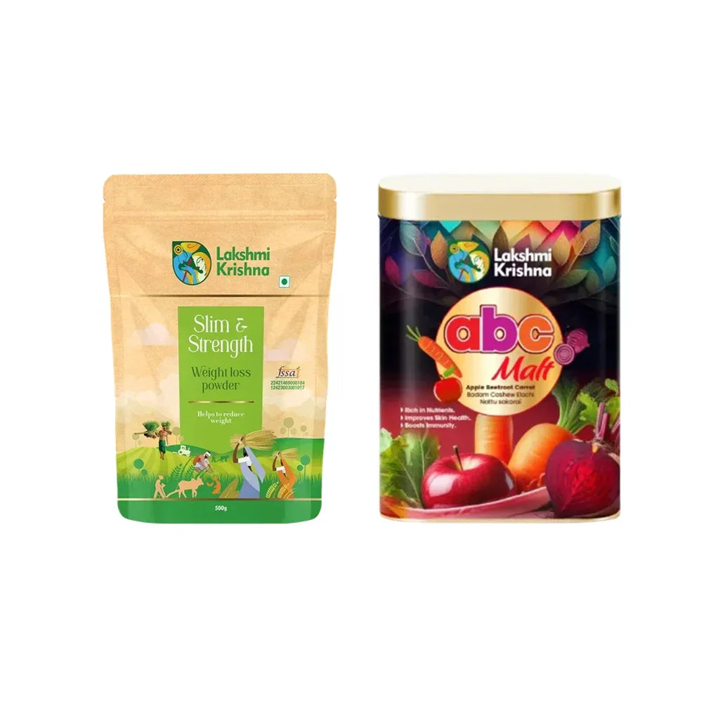 Lakshmi Krishna Slim & Strength weight loss powder pouch and ABC Malt nutrition tin with fruits and vegetables