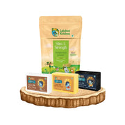 Lakshmi Krishna Slim & Strength weight loss powder with 3 Ayurvedic goat milk soaps on wooden plate