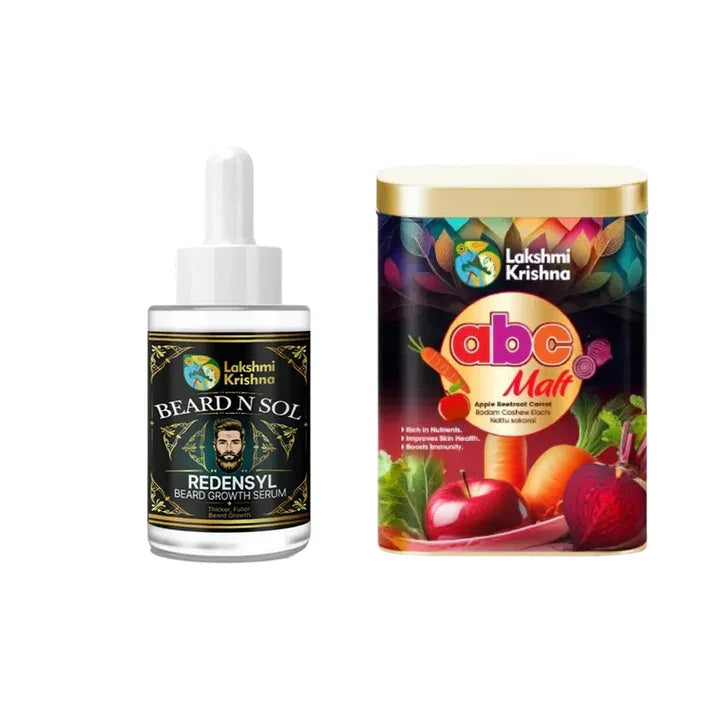 Lakshmi Krishna Beard N Sol Redensyl beard growth serum and ABC Malt nutritious health supplement with apple and beetroot