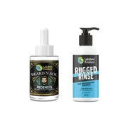 Lakshmi Krishna Beard N Sol beard growth serum and Rugged Rinse men professional shampoo bottles