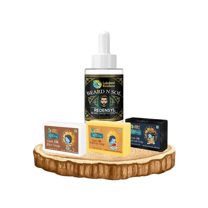Lakshmi Krishna Beard N Sol Redensyl beard growth serum with goat milk soaps on wooden slab