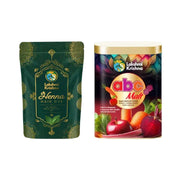 Lakshmi Krishna Henna Hair Dye pouch and ABC Malt container with apple, beetroot, carrot imagery