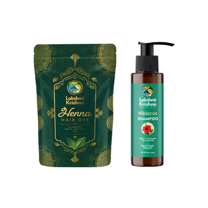 Lakshmi Krishna Henna Hair Dye pouch and Hibiscus Shampoo bottle with pump, natural hair care products