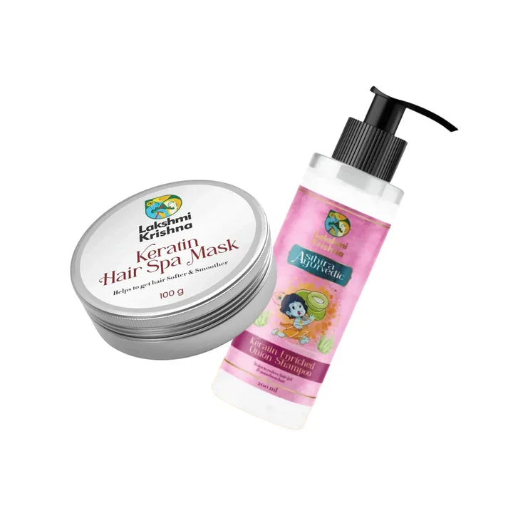 Lakshmi Krishna Keratin Hair Spa Mask and Keratin Enriched Onion Shampoo bottles on white background