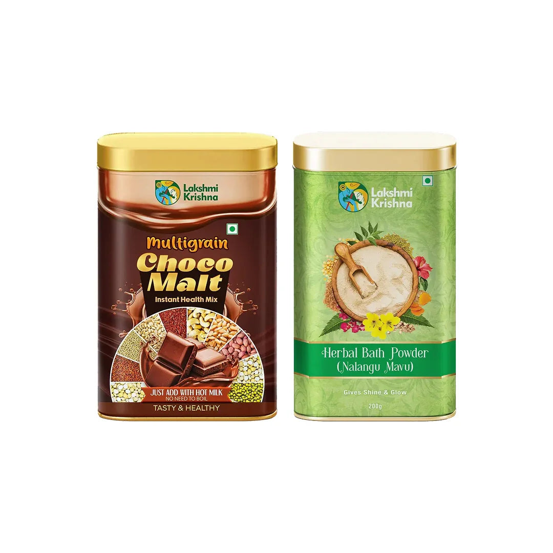 Lakshmi Krishna Multigrain Choco Malt health mix and Herbal Bath Powder Nalangu Mavu in decorative containers