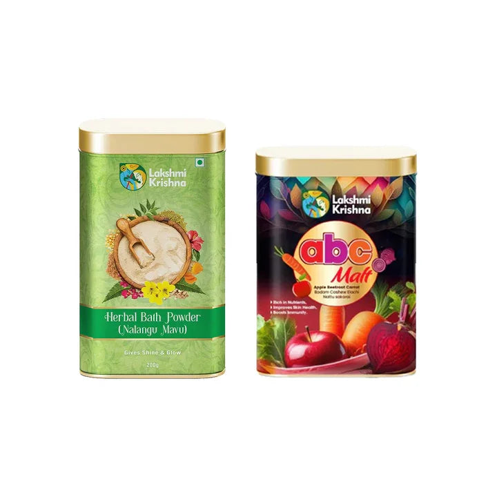 Lakshmi Krishna Herbal Bath Powder and abc Malt containers with natural ingredients on white background
