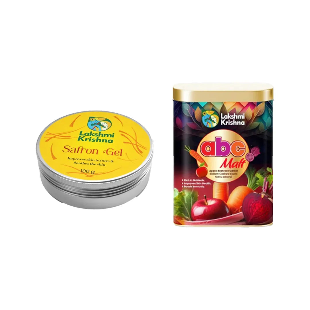 Lakshmi Krishna Saffron Gel tin and abc Malt tin with apple, carrot, beetroot images