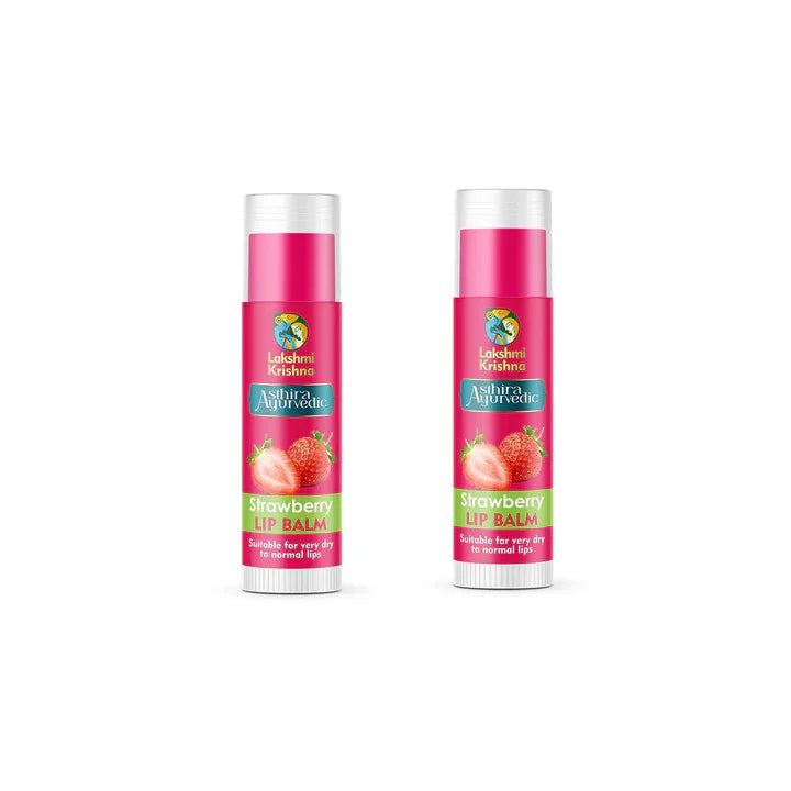 Lakshmi Krishna Asthira Ayurvedic Strawberry Lip Balm tubes for dry to normal lips with strawberry images