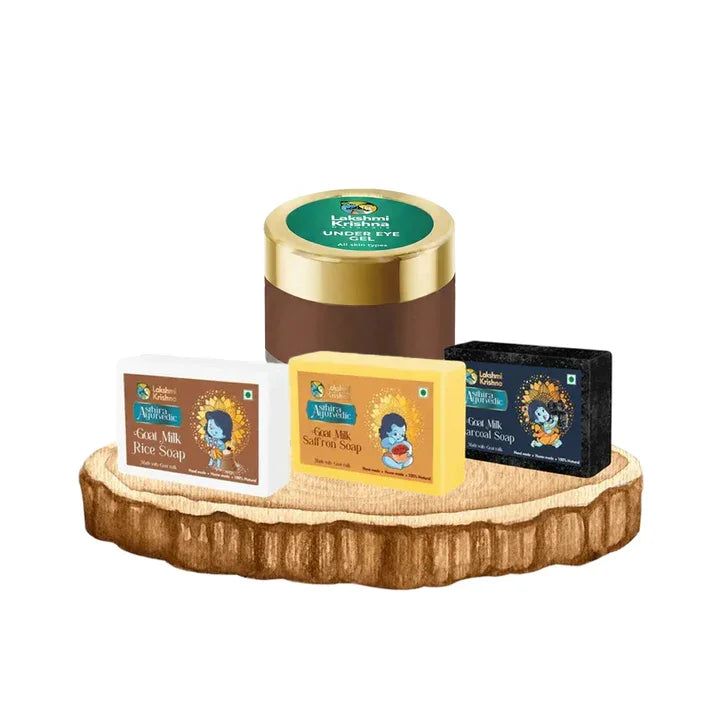 Lakshmi Krishna under eye gel with goat milk soaps on wooden tray for skincare