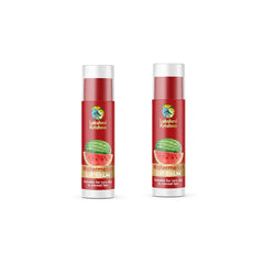 Two Lakshmi Krishna Watermelon lip balm sticks for very dry to normal lips with red packaging and watermelon image