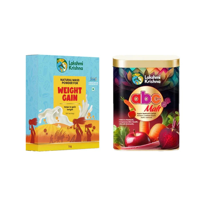 Lakshmi Krishna natural mass powder for weight gain and abc malt apple beetroot carrot supplement cans
