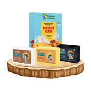 Lakshmi Krishna weight gain powder with goat milk rice, saffron, and charcoal soaps displayed on wooden tray