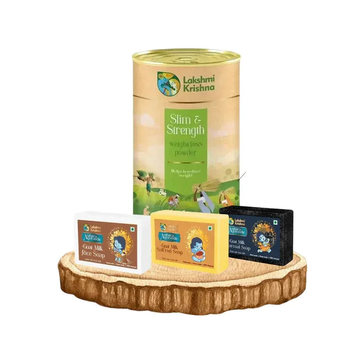 Lakshmi Krishna Slim & Strength weight loss powder with goat milk soap trio on wooden tray